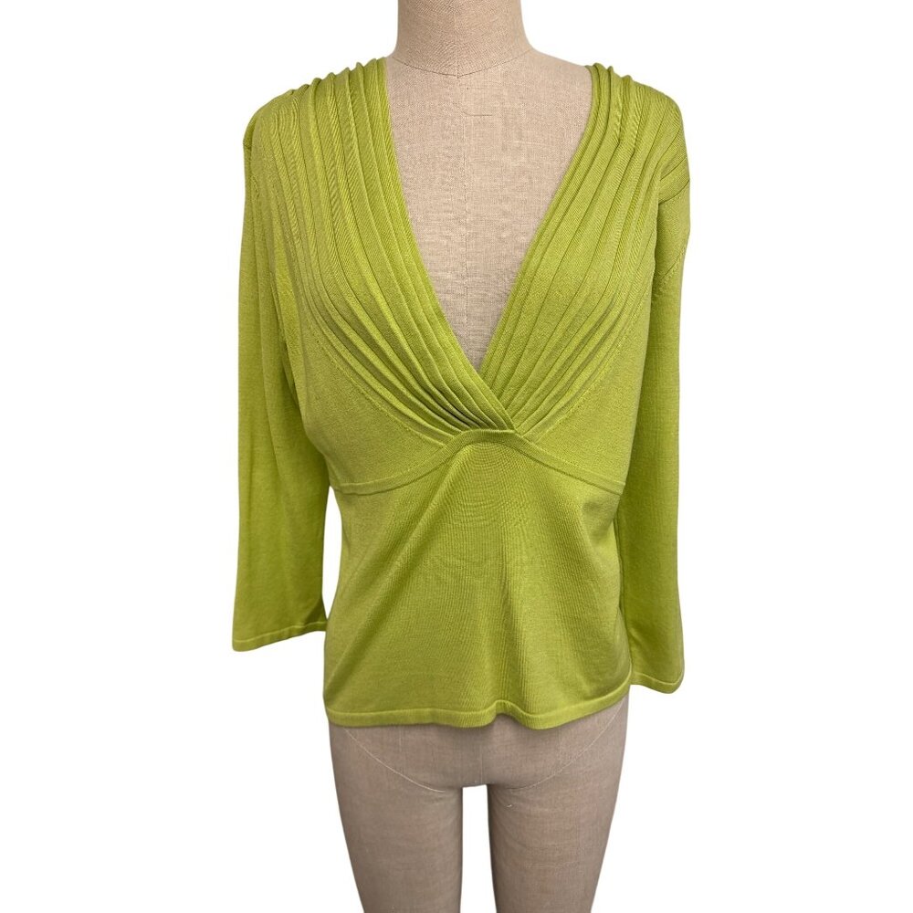 M.A.G By Magaschoni Lime Green V-Neck Pleated Top L